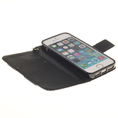 Patterned Leather Wallet Stand Case for iPhone SE/5s/5 with Wrist Strap