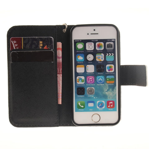 Patterned Leather Wallet Stand Case for iPhone SE/5s/5 with Wrist Strap