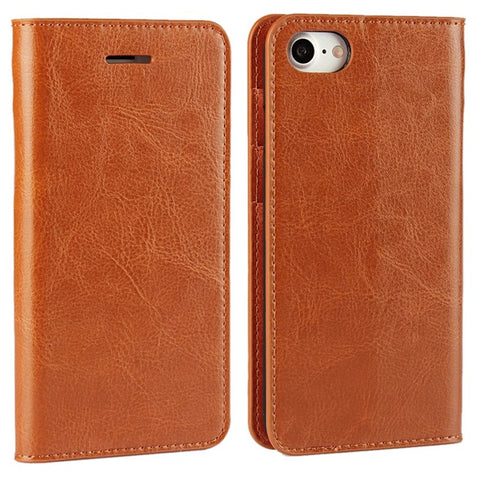 For iPhone SE (2020)/SE (2022)/8/7 4.7 inch Oiled-edging Crazy Horse Genuine Leather Attached Hard PC Inner Case Wallet Stand Flip Phone Cover