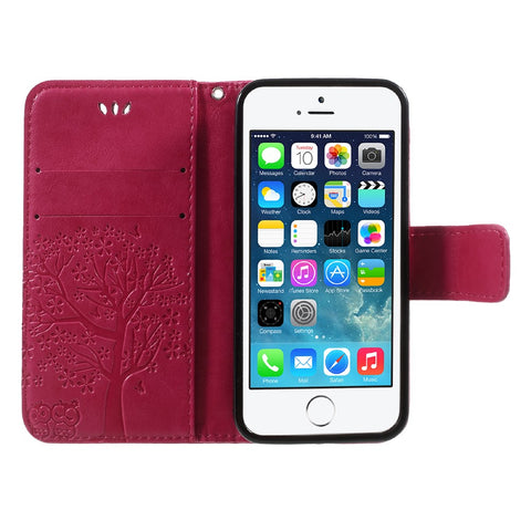 Imprint Tree Owl Magnetic Wallet PU Leather Stand Cover for iPhone 5 / 5s / SE