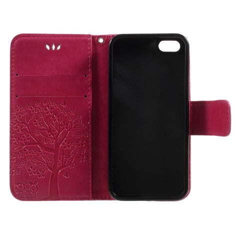Imprint Tree Owl Magnetic Wallet PU Leather Stand Cover for iPhone 5 / 5s / SE
