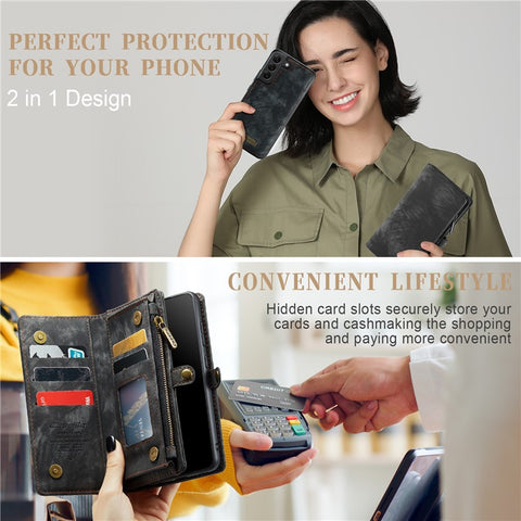 CASEME 008 Series for Samsung Galaxy S20 Plus PU Leather Zipper Wallet Case Detachable Stand Magnetic Phone Cover
