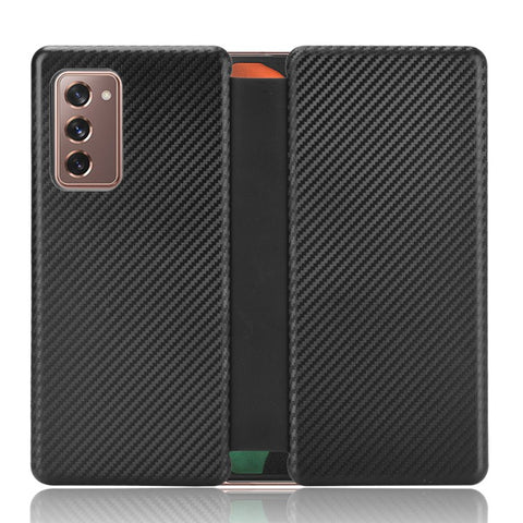 For Samsung Galaxy Z Fold2 5G Shockproof Phone Case Leather Carbon Fiber Flip Cover with Card Slot