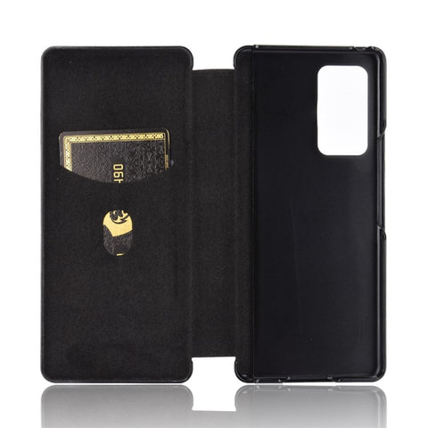 For Samsung Galaxy Z Fold2 5G Shockproof Phone Case Leather Carbon Fiber Flip Cover with Card Slot