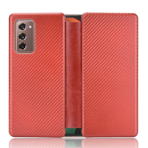 For Samsung Galaxy Z Fold2 5G Shockproof Phone Case Leather Carbon Fiber Flip Cover with Card Slot