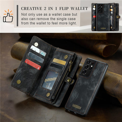 CASEME 008 Series for Samsung Galaxy S21 Ultra 5G PU Leather Zipper Multi-function Phone Case Magnetic Detachable 2-in-1 Wallet Stand Cover