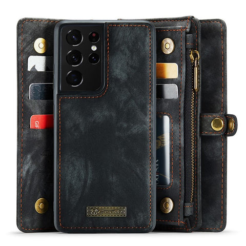 CASEME 008 Series for Samsung Galaxy S21 Ultra 5G PU Leather Zipper Multi-function Phone Case Magnetic Detachable 2-in-1 Wallet Stand Cover