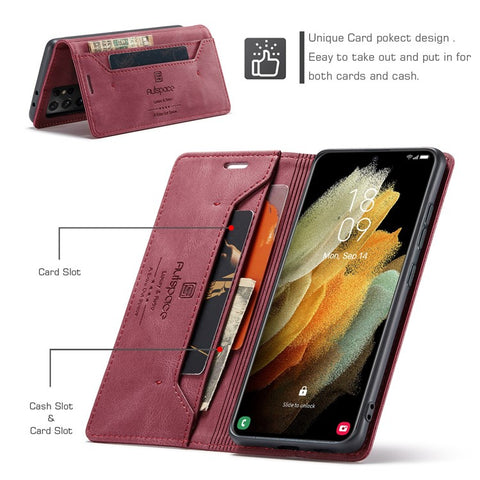 AUTSPACE A01 Series for Samsung Galaxy S21 Ultra 5G Leather Case Wallet RFID Blocking Cover