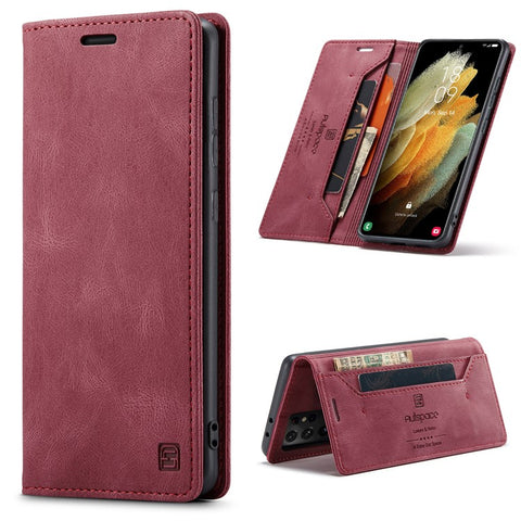 AUTSPACE A01 Series for Samsung Galaxy S21 Ultra 5G Leather Case Wallet RFID Blocking Cover