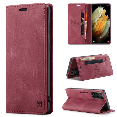 AUTSPACE A01 Series for Samsung Galaxy S21 Ultra 5G Leather Case Wallet RFID Blocking Cover