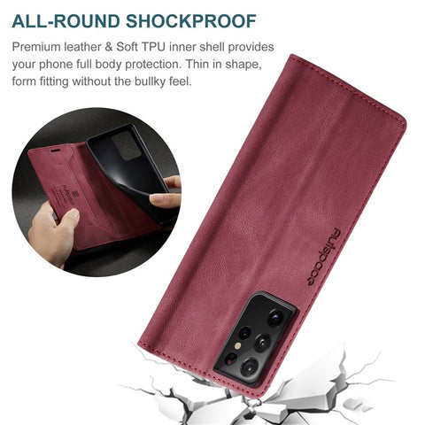 AUTSPACE A01 Series for Samsung Galaxy S21 Ultra 5G Leather Case Wallet RFID Blocking Cover