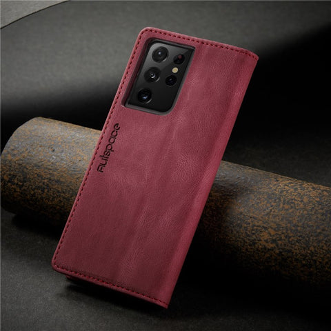 AUTSPACE A01 Series for Samsung Galaxy S21 Ultra 5G Leather Case Wallet RFID Blocking Cover