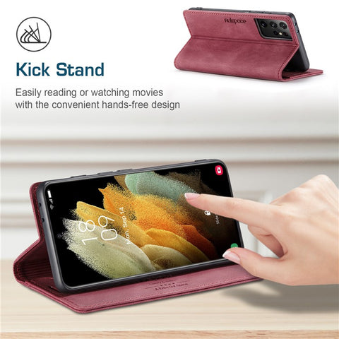 AUTSPACE A01 Series for Samsung Galaxy S21 Ultra 5G Leather Case Wallet RFID Blocking Cover