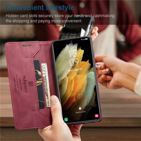 AUTSPACE A01 Series for Samsung Galaxy S21 Ultra 5G Leather Case Wallet RFID Blocking Cover