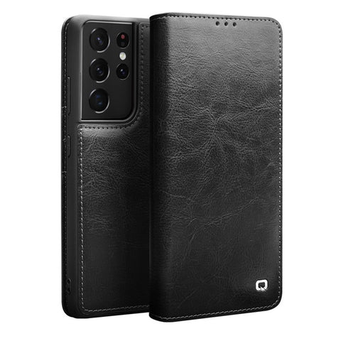QIALINO Genuine Leather Phone Cover for Samsung Galaxy S21 Ultra 5G Stand Wallet Folio Flip Case