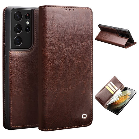 QIALINO Genuine Leather Phone Cover for Samsung Galaxy S21 Ultra 5G Stand Wallet Folio Flip Case