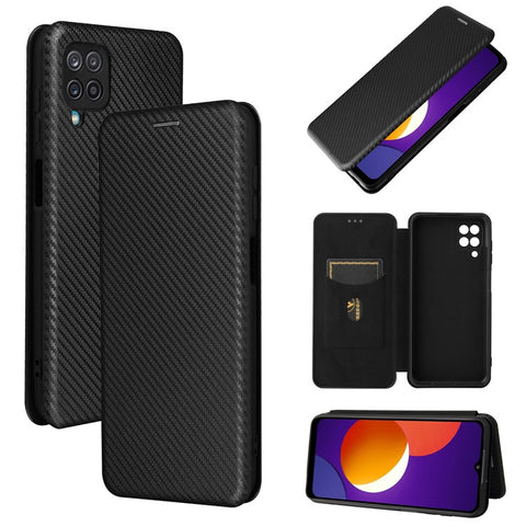 Auto-absorbed Carbon Fiber Texture Card Slot Leather Phone Case for Samsung Galaxy M12/F12