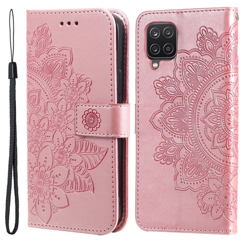 PU Leather Imprint Flowers Pattern Wallet Phone Case with Lanyard for Samsung Galaxy A12 / M12 / F12