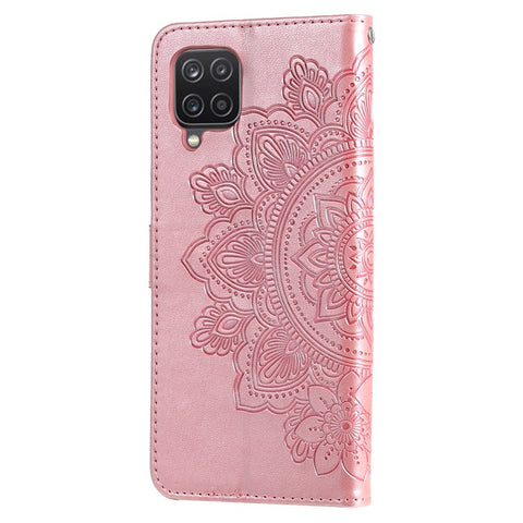 PU Leather Imprint Flowers Pattern Wallet Phone Case with Lanyard for Samsung Galaxy A12 / M12 / F12