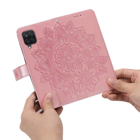 PU Leather Imprint Flowers Pattern Wallet Phone Case with Lanyard for Samsung Galaxy A12 / M12 / F12