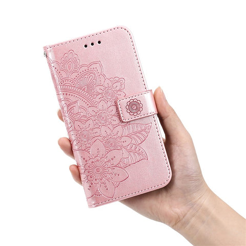 PU Leather Imprint Flowers Pattern Wallet Phone Case with Lanyard for Samsung Galaxy A12 / M12 / F12