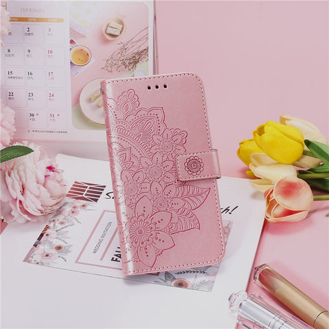 PU Leather Imprint Flowers Pattern Wallet Phone Case with Lanyard for Samsung Galaxy A12 / M12 / F12