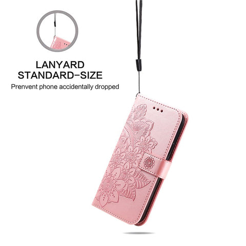 PU Leather Imprint Flowers Pattern Wallet Phone Case with Lanyard for Samsung Galaxy A12 / M12 / F12