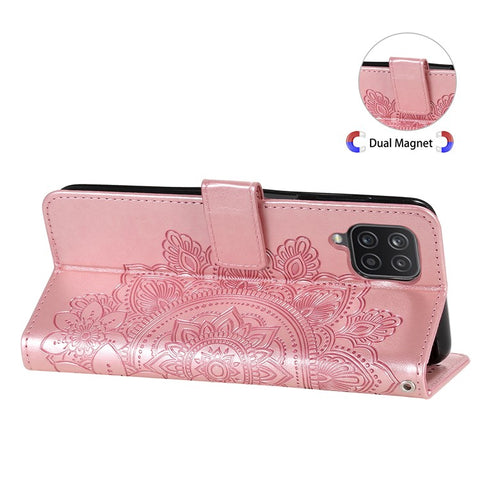 PU Leather Imprint Flowers Pattern Wallet Phone Case with Lanyard for Samsung Galaxy A12 / M12 / F12