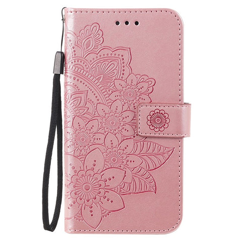 PU Leather Imprint Flowers Pattern Wallet Phone Case with Lanyard for Samsung Galaxy A12 / M12 / F12