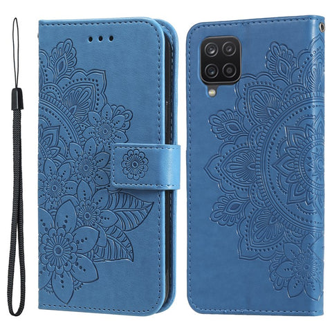 PU Leather Imprint Flowers Pattern Wallet Phone Case with Lanyard for Samsung Galaxy A12 / M12 / F12