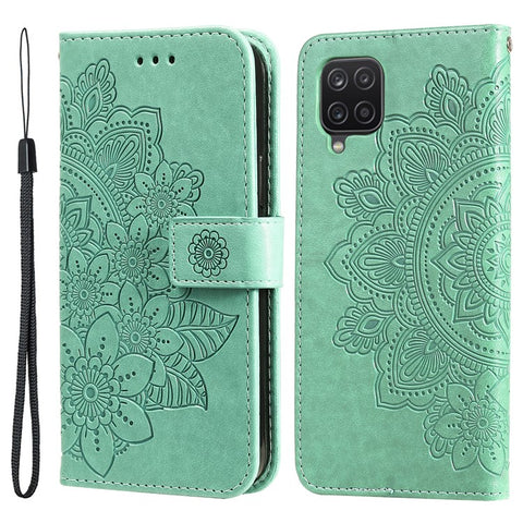 PU Leather Imprint Flowers Pattern Wallet Phone Case with Lanyard for Samsung Galaxy A12 / M12 / F12