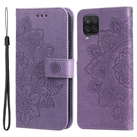 PU Leather Imprint Flowers Pattern Wallet Phone Case with Lanyard for Samsung Galaxy A12 / M12 / F12