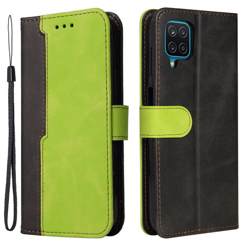 Bi-color Splicing Design PU Leather Wallet Stand Phone Case Protector with Wrist Strap for Samsung Galaxy A12/M12/F12