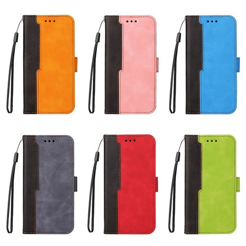 Bi-color Splicing Design PU Leather Wallet Stand Phone Case Protector with Wrist Strap for Samsung Galaxy A12/M12/F12