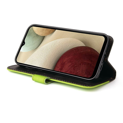 Bi-color Splicing Design PU Leather Wallet Stand Phone Case Protector with Wrist Strap for Samsung Galaxy A12/M12/F12