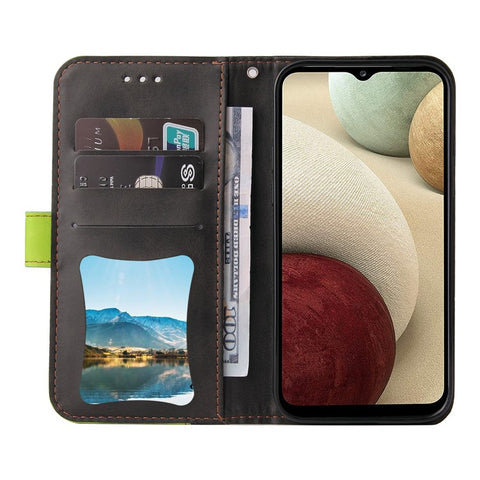 Bi-color Splicing Design PU Leather Wallet Stand Phone Case Protector with Wrist Strap for Samsung Galaxy A12/M12/F12