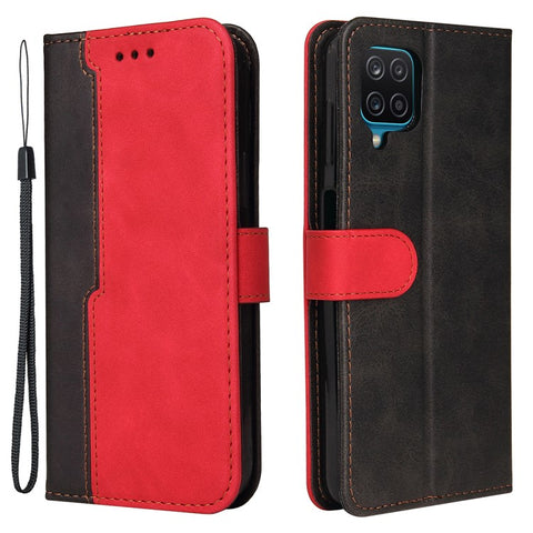 Bi-color Splicing Design PU Leather Wallet Stand Phone Case Protector with Wrist Strap for Samsung Galaxy A12/M12/F12