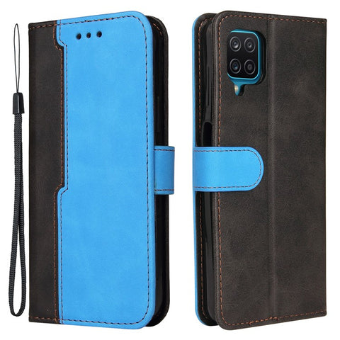 Bi-color Splicing Design PU Leather Wallet Stand Phone Case Protector with Wrist Strap for Samsung Galaxy A12/M12/F12