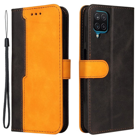 Bi-color Splicing Design PU Leather Wallet Stand Phone Case Protector with Wrist Strap for Samsung Galaxy A12/M12/F12
