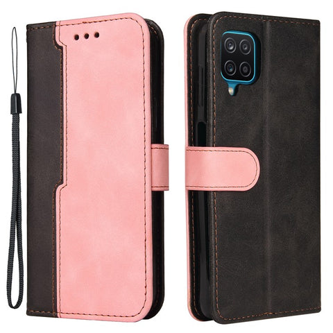 Bi-color Splicing Design PU Leather Wallet Stand Phone Case Protector with Wrist Strap for Samsung Galaxy A12/M12/F12