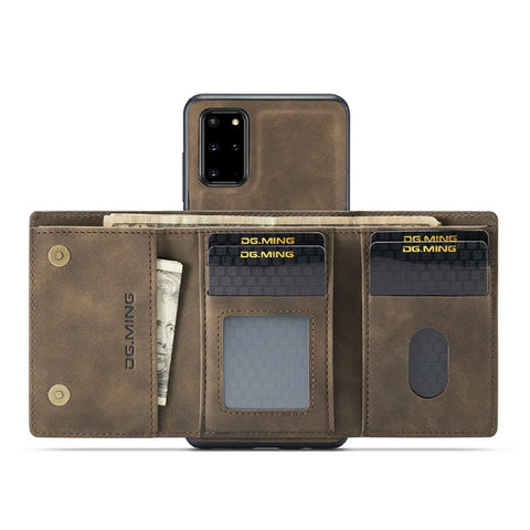 DG.MING M1 Series Phone Case PU + TPU + PC Back Cover with Magnetic Tri-Fold Wallet Kickstand for Samsung Galaxy S20 Plus