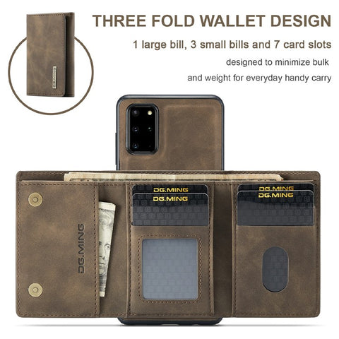 DG.MING M1 Series Phone Case PU + TPU + PC Back Cover with Magnetic Tri-Fold Wallet Kickstand for Samsung Galaxy S20 Plus