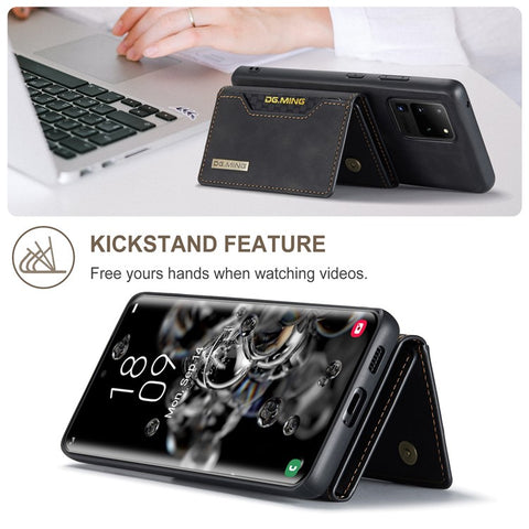 DG.MING M2 Series Tri-Fold Wallet Kickstand Design Magnetic Detachable Wireless Charging Hybrid Case for Samsung Galaxy S20 Ultra