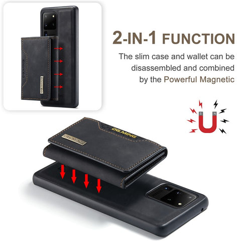 DG.MING M2 Series Tri-Fold Wallet Kickstand Design Magnetic Detachable Wireless Charging Hybrid Case for Samsung Galaxy S20 Ultra