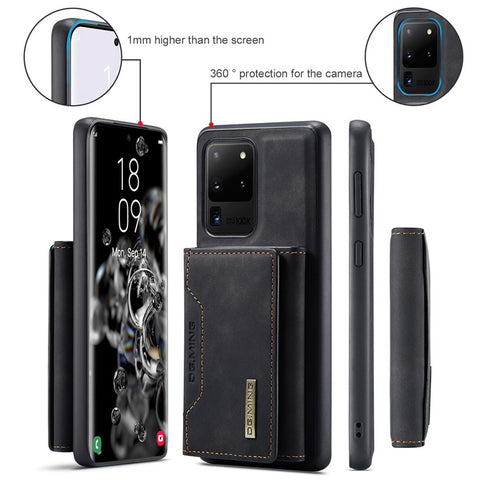 DG.MING M2 Series Tri-Fold Wallet Kickstand Design Magnetic Detachable Wireless Charging Hybrid Case for Samsung Galaxy S20 Ultra