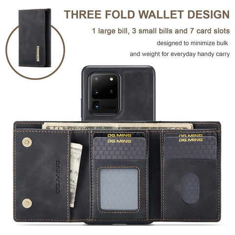DG.MING M1 Series Phone Case PU + TPU + PC Back Cover with Magnetic Tri-Fold Wallet Kickstand for Samsung Galaxy S20 Ultra