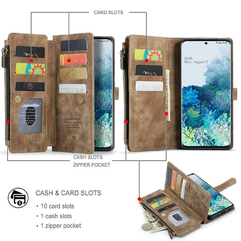 For Samsung Galaxy S20 Plus Phone Cases with Strap CASEME C30 Zipper Multiple Card Holder PU Leather Cover