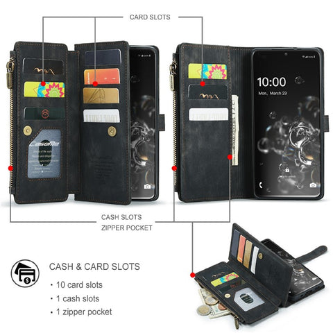 For Samsung Galaxy S20 Ultra S21 Ultra 5G Phone Cases with Strap CASEME C30 Zipper Multiple Card Holder PU Leather Cover