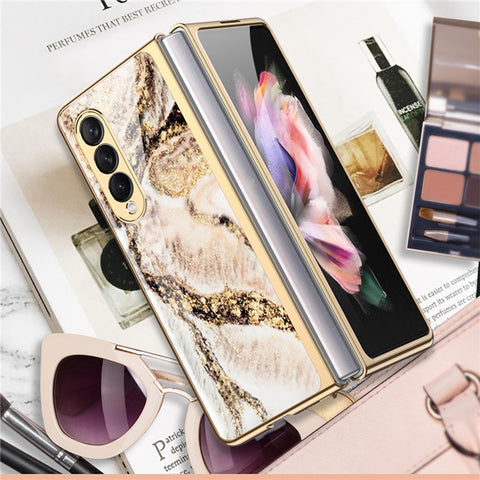 GKK Anti-Scratch IMD Graceful Marble Pattern Tempered Glass Back + Hard PC Shockproof Electroplating Cover for Samsung Galaxy Z Fold3 5G