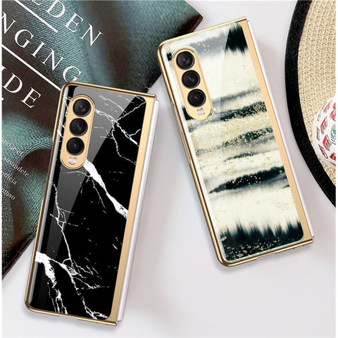 GKK Anti-Scratch IMD Graceful Marble Pattern Tempered Glass Back + Hard PC Shockproof Electroplating Cover for Samsung Galaxy Z Fold3 5G